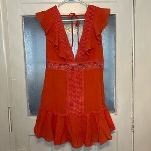 Favlux Fashion Women’s Coral Orange Deep Vneck Micro Mini Ruffled Dress Size L